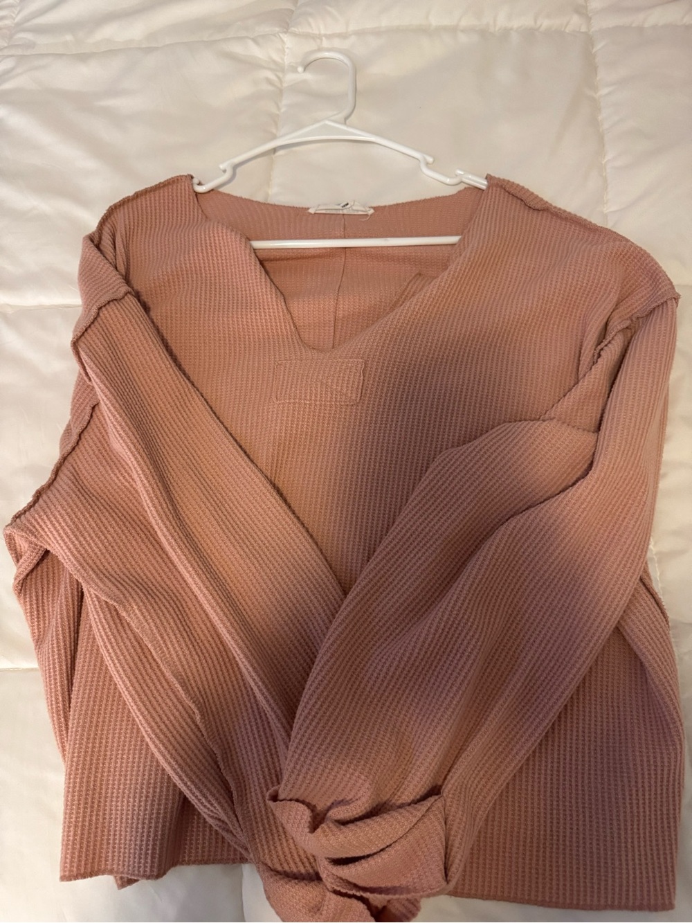 Waffle Knit V-Neck Blouse - Dusty Rose